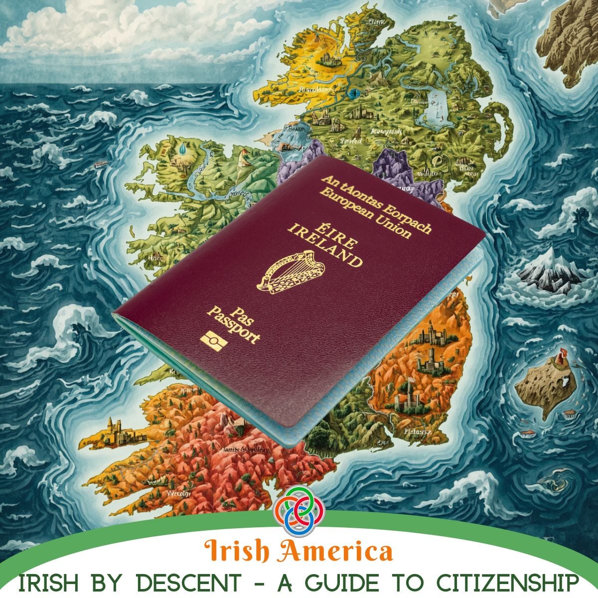 Irish passport superimposed on a map of Ireland plus a text banner
