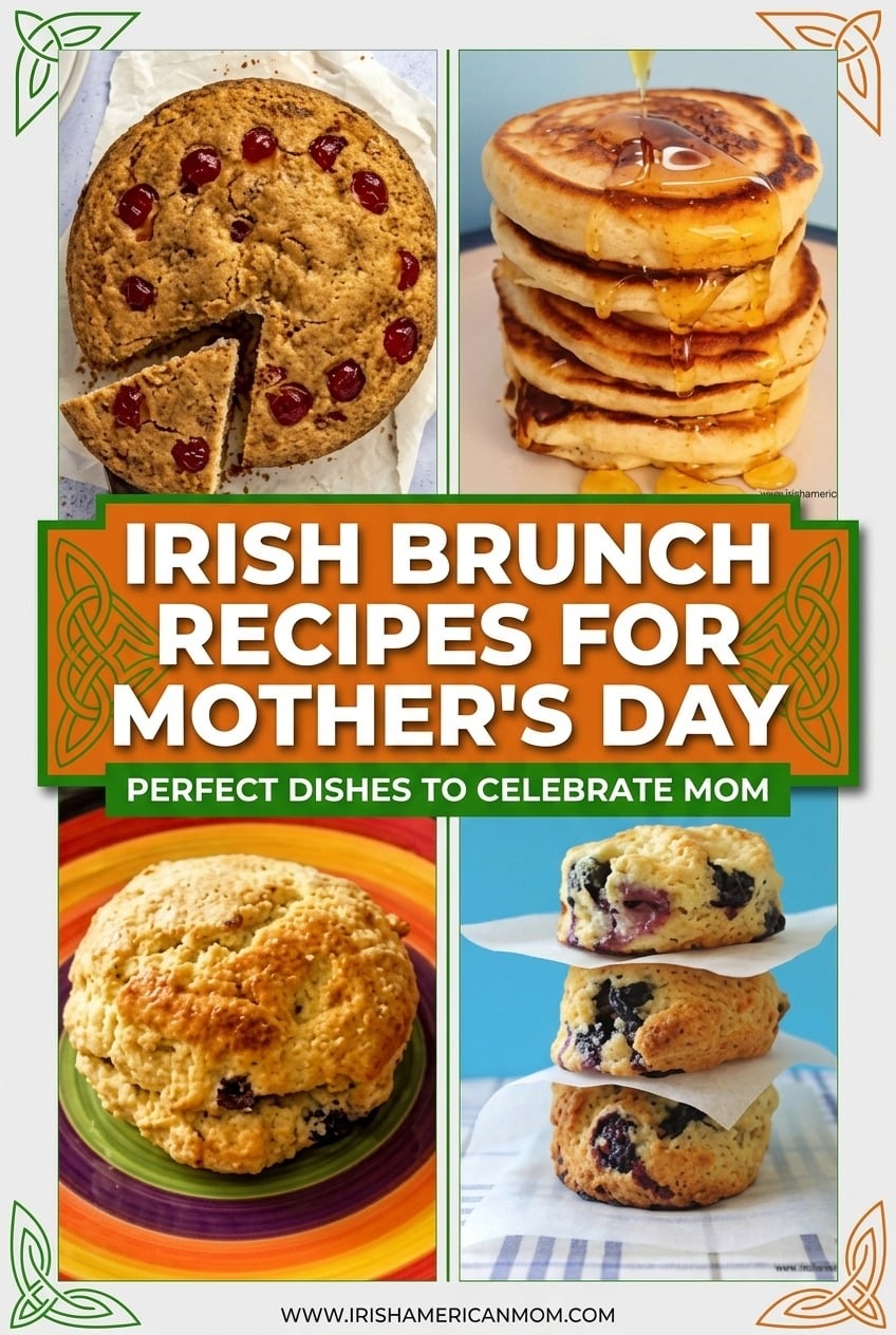 Collage advertising Irish brunch recipes for Mother's Day, featuring cookies, pancakes, a scone, and blueberry scones.