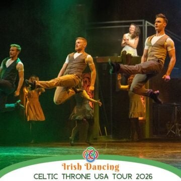 Three male Irish dancers perform a high kick on stage during Celtic Throne USA Tour 2026, with a dancer in the foreground and others behind him under green lighting.