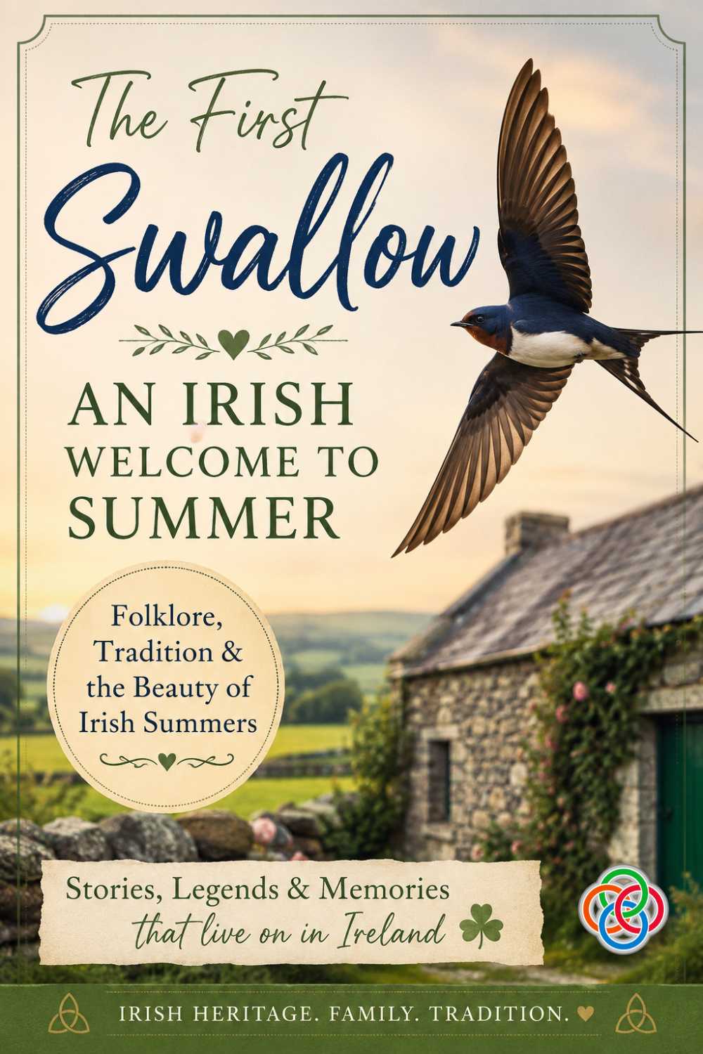 Cover design for 'The First Swallow: An Irish Welcome to Summer' with a swallow in flight over a rural Irish cottage.