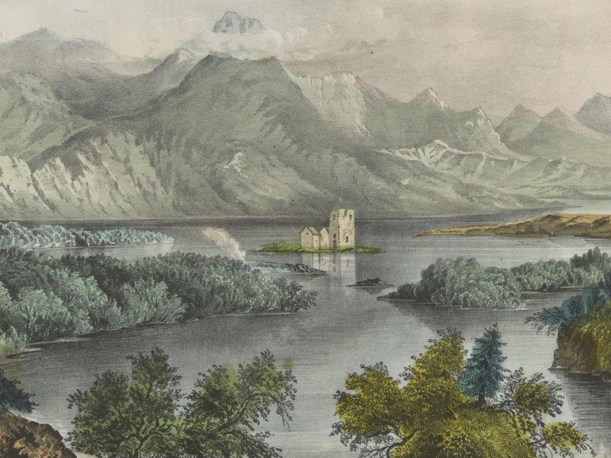 Vintage Image of Ballynahinch County Galway | Irish American Mom Tranquil lake with forested shores and a small islanded ruin-a lone castle on the water against towering mountains.