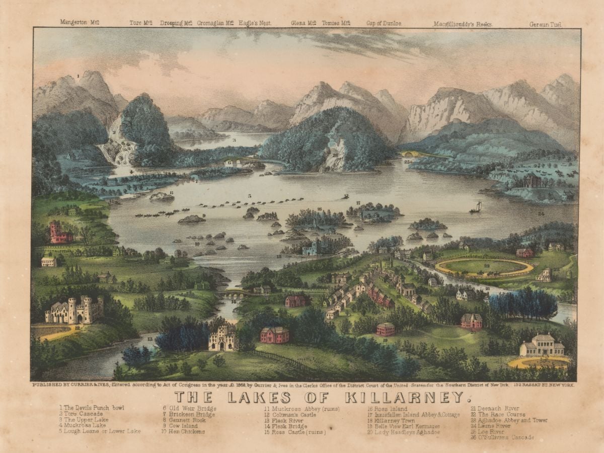 Vintage Image of the Lakes of Killarney | Irish American Mom Vintage engraving titled'The Lakes of Killarney': a panoramic landscape of lakes, islands, boats, and surrounding green fields, towns, and mountains, with a numbered legend of local landmarks at the bottom.