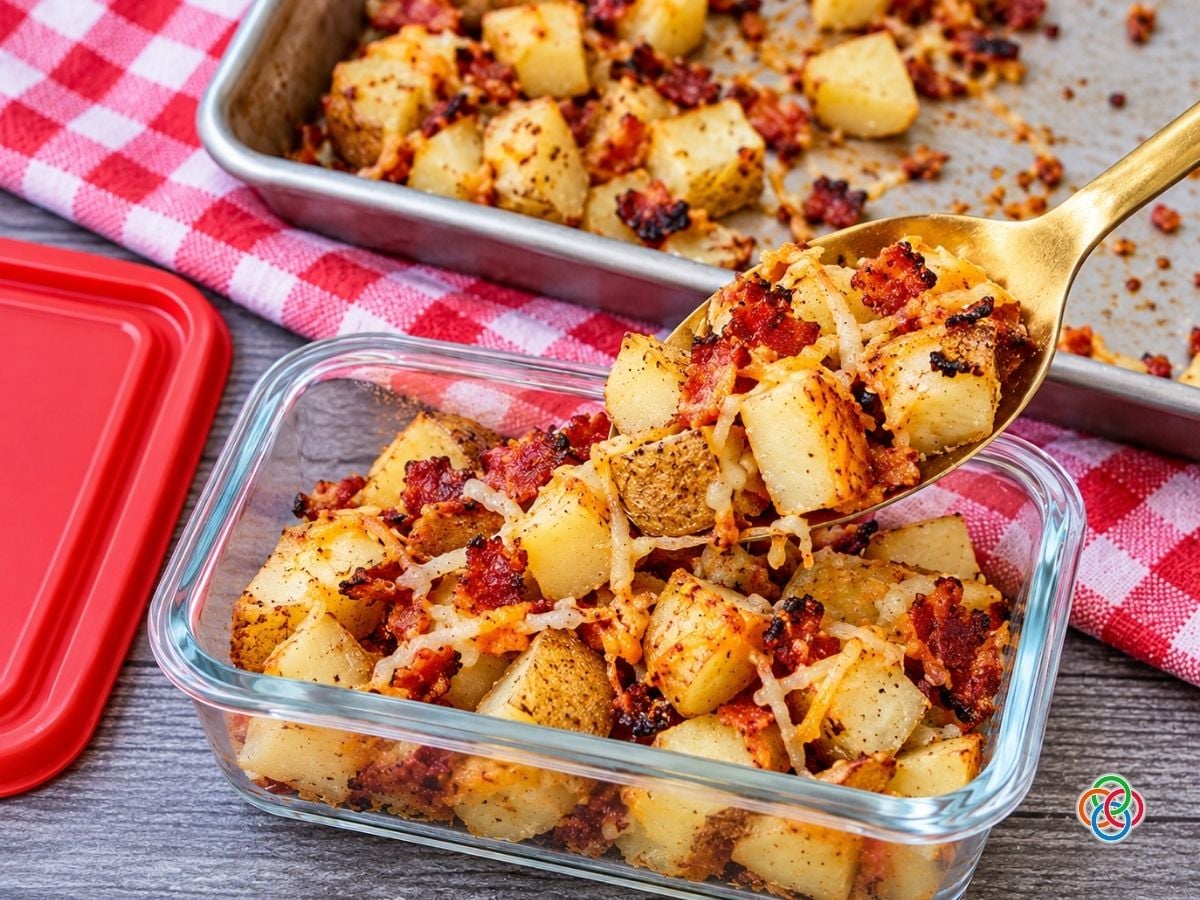 Bacon and parmesan roast potatoes ready for storage in the fridge | Irish American Mom Leftover Bacon Parmesan Sheet Pan Potatoes with crispy bacon and melted cheese being spooned into a rectangular glass storage container for refrigeration.