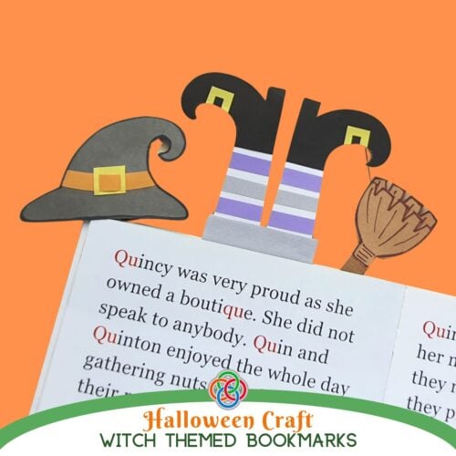 Three handmade witch-themed Halloween bookmarks featuring striped witch legs with curled black shoes, a gray witch hat, and a brown broomstick displayed in an open book against an orange background.