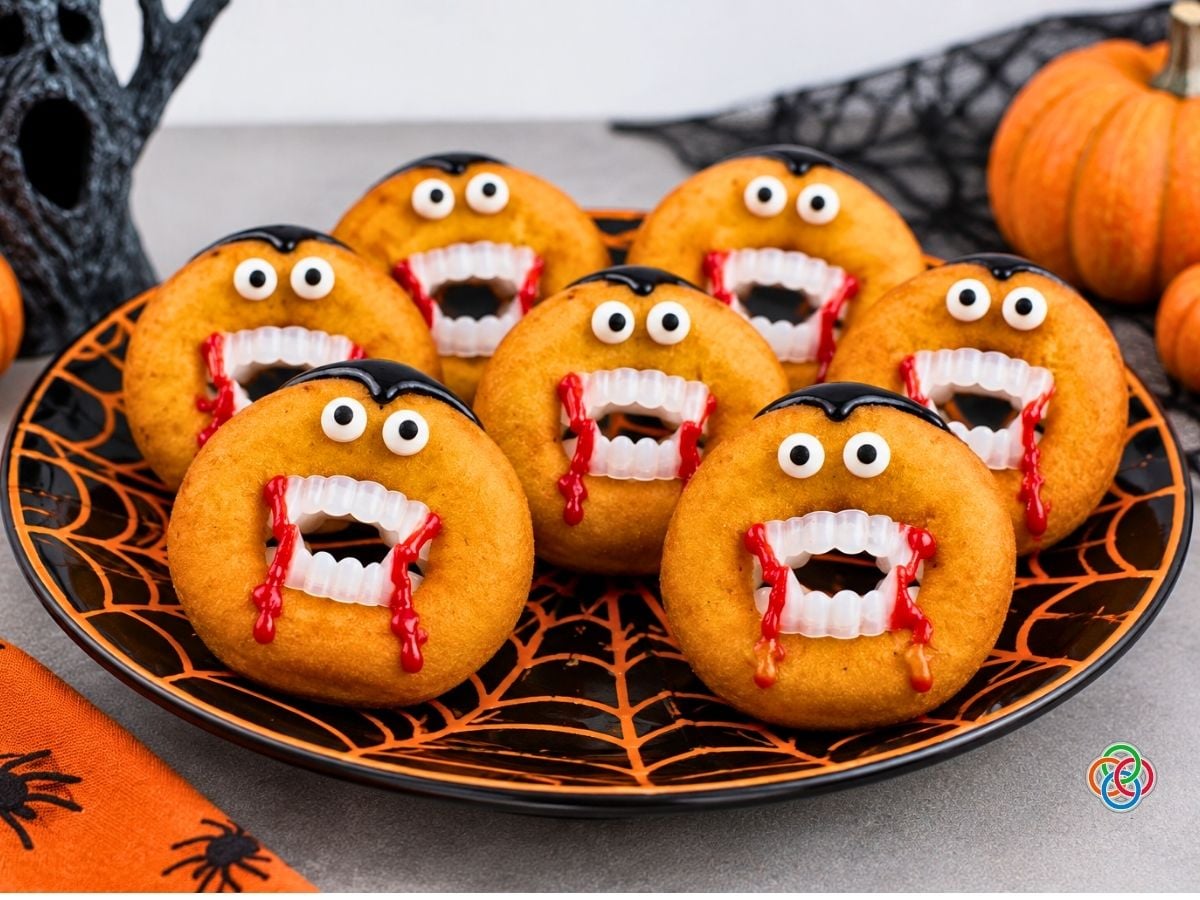 Seven Dracula donuts with candy eyes, vampire fangs, black icing hair and dripping red icing arranged on a black and orange spiderweb Halloween plate with pumpkins and spooky decorations.