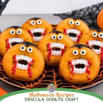 Halloween recipe graphic featuring Dracula donuts decorated with candy eyes, vampire fangs, black icing hair and dripping red icing on a black and orange spiderweb plate.