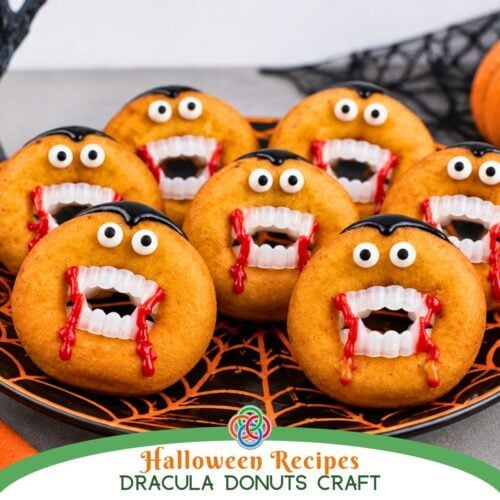 Halloween Recipe Dracula Donuts | Irish American Mom Halloween recipe graphic featuring Dracula donuts decorated with candy eyes, vampire fangs, black icing hair and dripping red icing on a black and orange spiderweb plate.