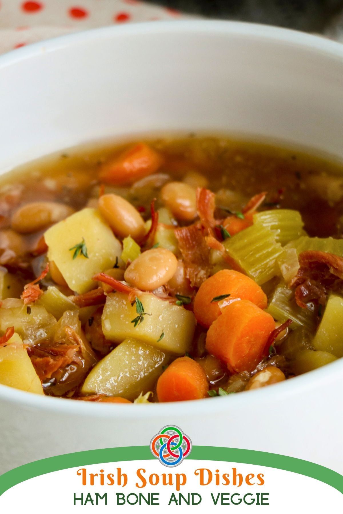 Irish Soup Dishes Ham Bone and Veggie | Irish American Mom Close-up of Irish-inspired ham bone and vegetable soup with shredded ham, potatoes, carrots, celery and white beans in a savory broth.