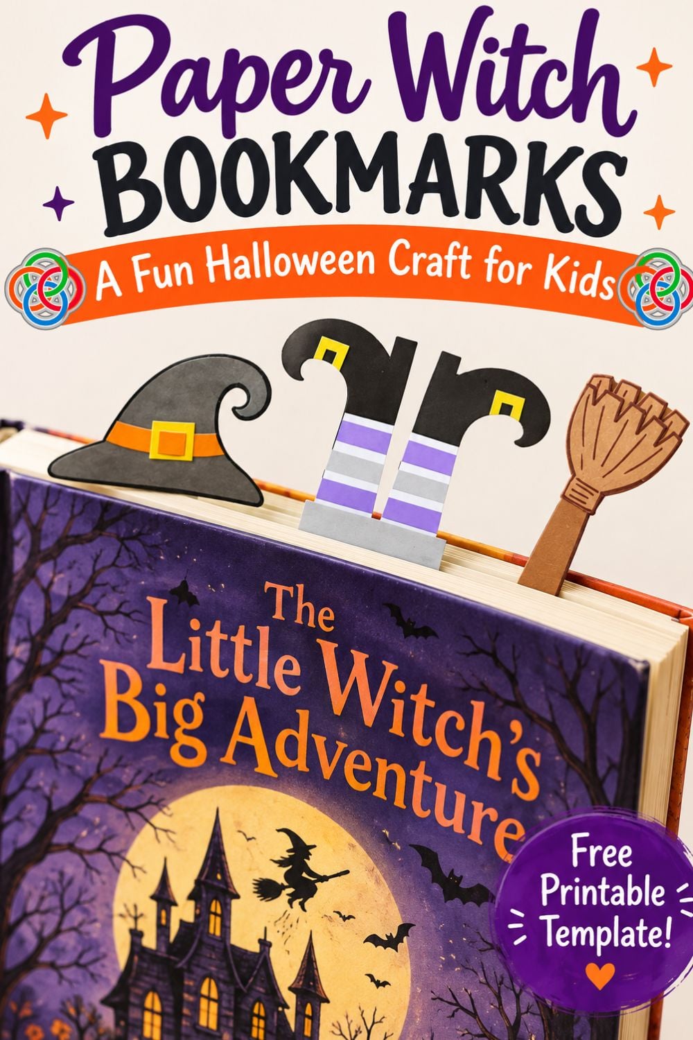 Paper Witch Bookmarks A Fun Halloween Craft for Kids | Irish American Mom Paper witch bookmark craft featuring striped witch legs, a pointy witch hat and broomstick tucked into a Halloween storybook, with text promoting a fun Halloween craft for kids and a free printable template.
