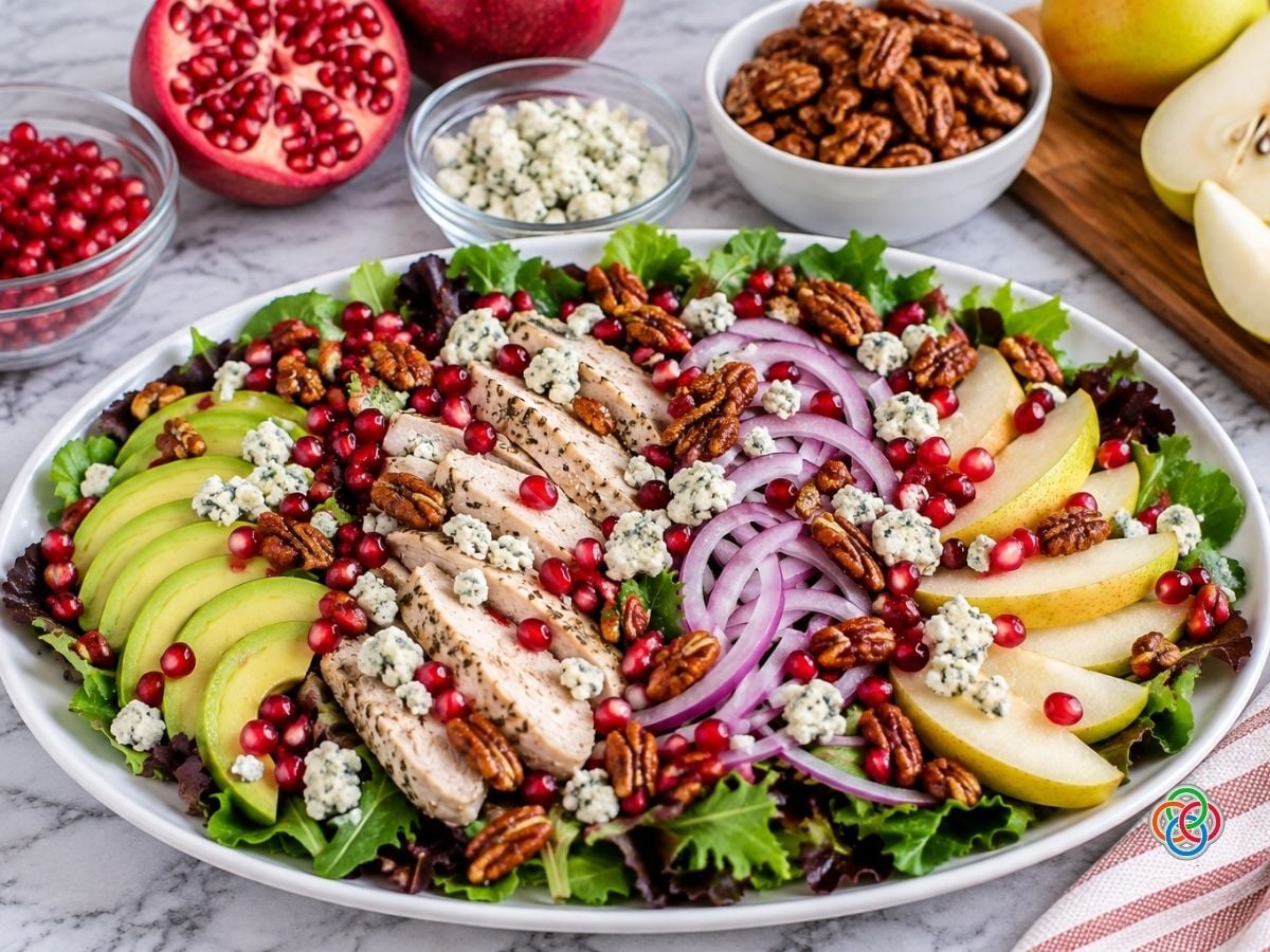 Pear Harvest Salad Sprinkled with Pomagranate Seeds and Pecans | Irish American Mom Harvest pear salad on a white platter with sliced pears, turkey, avocado and red onion, topped with pomegranate seeds, crumbled Gorgonzola cheese and honey-roasted pecans.