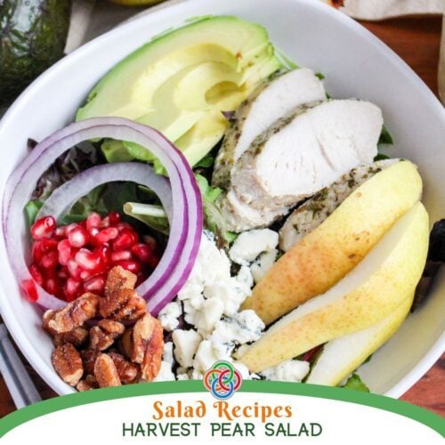 Salad Recipes Harvest Pear Salad | Irish American Mom Harvest Pear Salad with sliced pears, turkey, avocado, red onion, pomegranate seeds, Gorgonzola cheese and pecans over mixed greens, with Harvest Pear Salad text.
