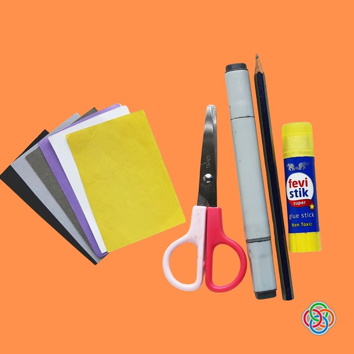 Supplies for making paper witch Halloween Bookmarks | Irish American Mom Supplies for making paper witch Halloween bookmarks, including black, gray, purple, white and yellow craft paper, scissors, a black marker, pencil and glue stick on an orange background.