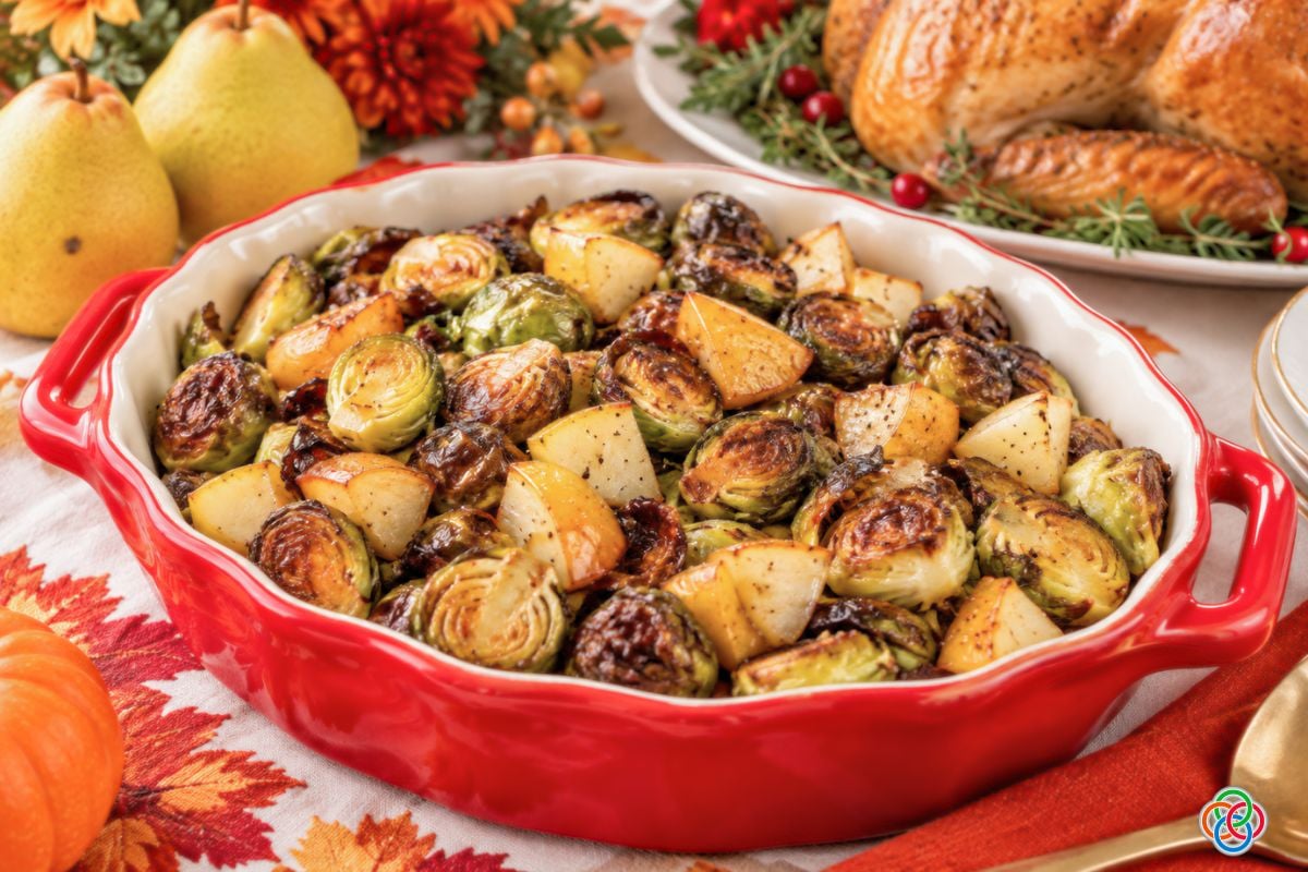 Thanksgiving Brussels sprouts and pears | Irish American Mom Roasted Brussels sprouts and golden pear pieces with maple Dijon glaze in a large red serving dish on a festive Thanksgiving table with roast turkey, fresh pears, pumpkins and autumn flowers.
