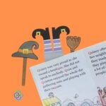 Three Paper Witch Themed Halloween Bookmarks | Irish American Mom Three handmade paper witch bookmarks marking an open children's book, featuring purple striped witch legs with curly black shoes, a gray pointy witch hat, and a brown broomstick on an orange background.