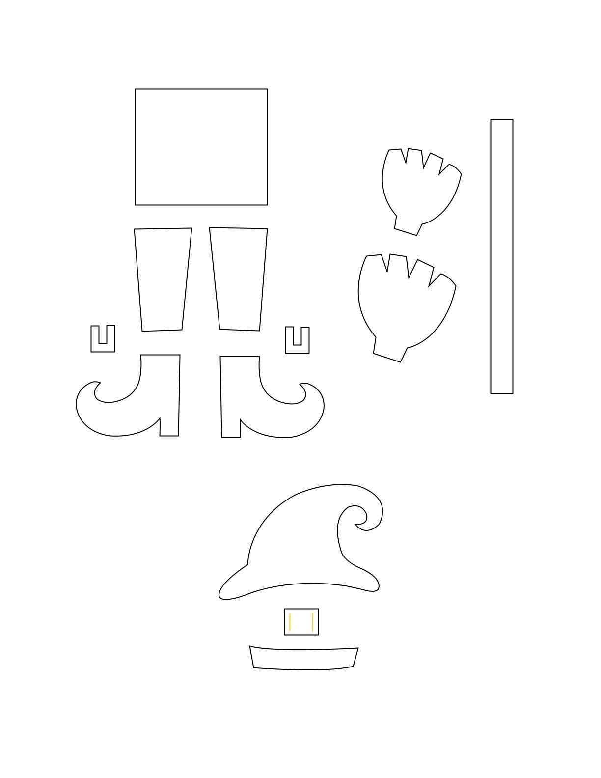 Witch Bookmark Template | Irish American Mom Printable paper witch bookmark template with outlines for witch shoes, striped leg pieces, buckles, broomstick, pointy witch hat, hat band and bookmark bases.
