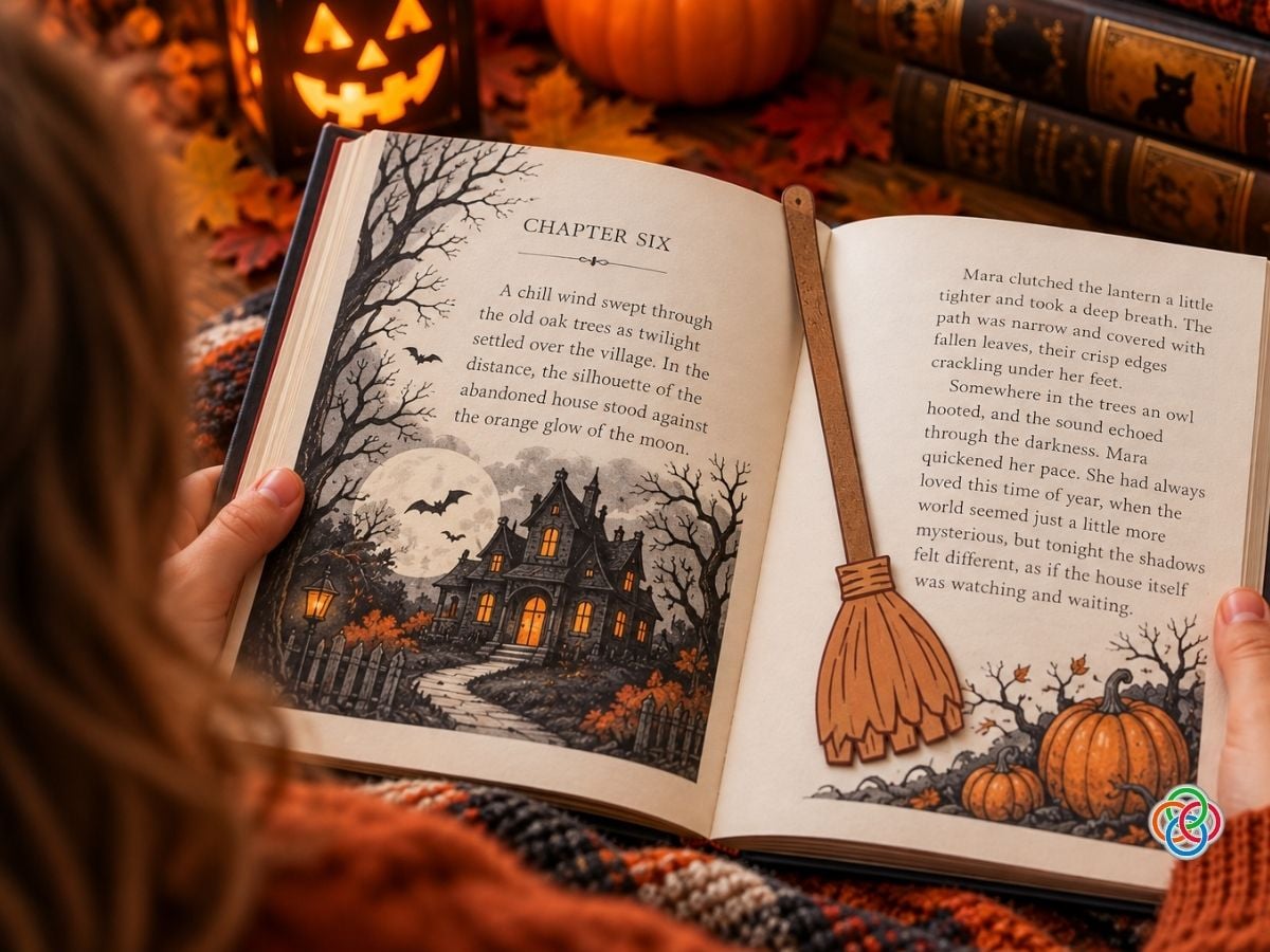 Witch Broom Paper Bookmark Craft | Irish American Mom Child reading an illustrated Halloween story about a spooky haunted house, with a handmade brown paper witch broomstick bookmark resting along the center of the open book in a cozy autumn setting.