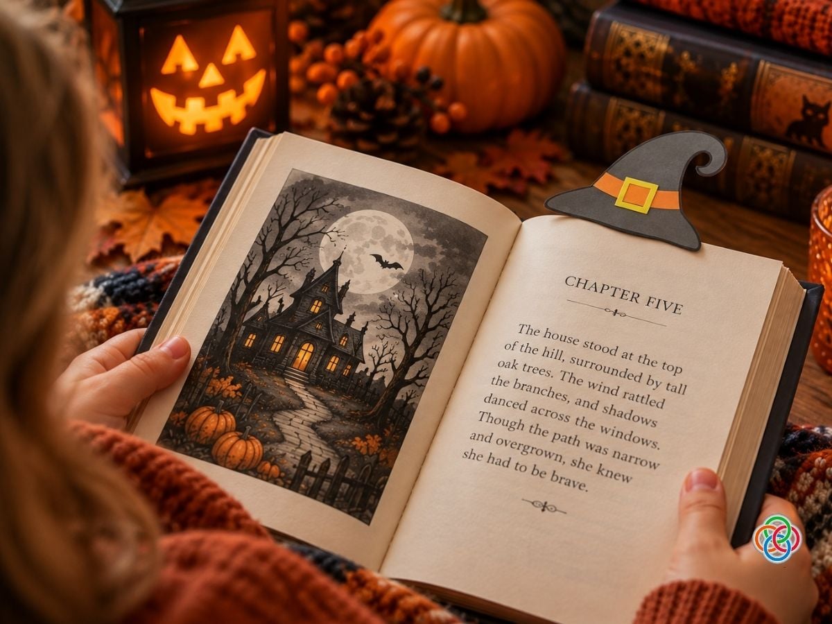 Witch Hat Paper Bookmark Craft | Irish American Mom Child reading a spooky Halloween story featuring a haunted house and full moon, with a handmade gray paper witch hat bookmark marking the page in a cozy autumn setting.