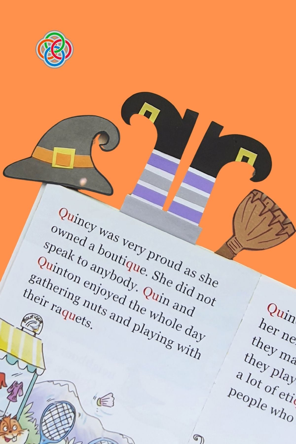 Witch Themed Bookmarks for Halloweeen | Irish American Mom Three handmade paper witch bookmarks tucked into an open childrenโs book, featuring a gray witch hat, purple striped witch legs with curled black shoes, and a brown broomstick against an orange background.