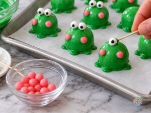 _Decorating Adorable Green Frog Truffles | Irish American Mom Using a toothpick to apply candy eyes and cheeks to a green oreo ball trreat