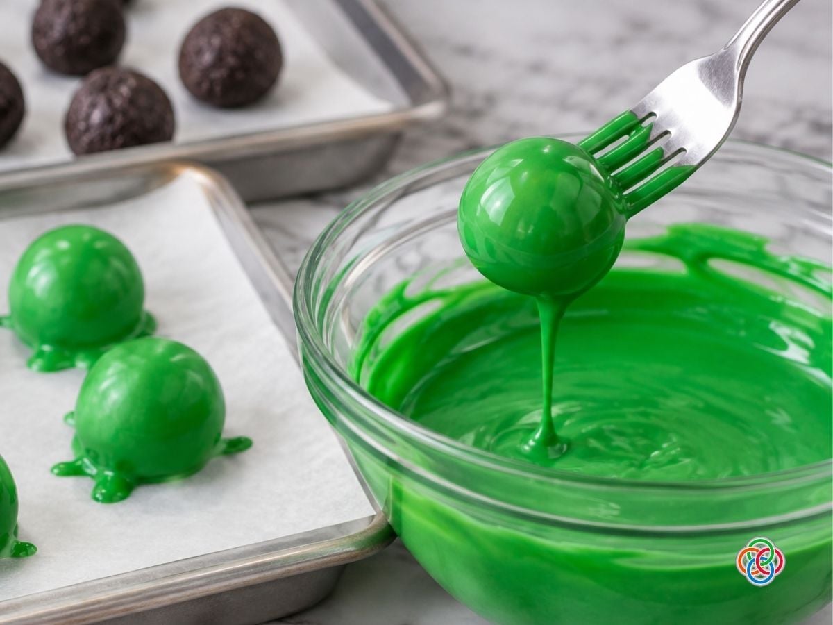 Dipping Oreo balls in melted green candy coating | Irish American Mom Dipping a cookie truffle in green candy melts using a tooth pick