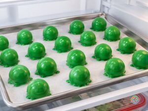 Emerald coated truffles cooling in the fridge | Irish American Mom Green cookie balls on a baking sheet in the fridge