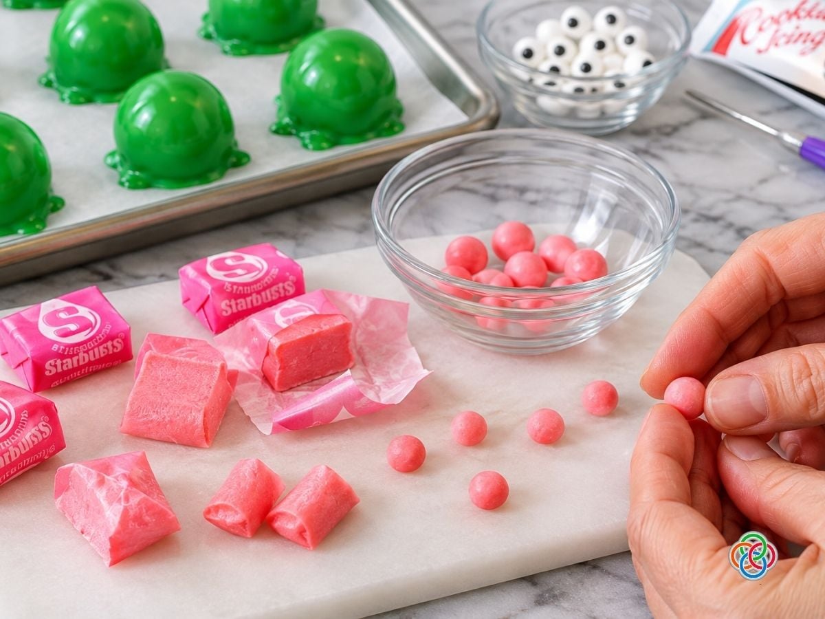 Frog Candy Craft Pink Centers and Green Coatings | Irish American Mom Rolling chewy pink candies into small balls