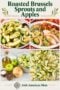 Pinterest recipe collage titled "Roasted Brussels Sprouts and Apples" featuring four photographs: a bowl of roasted Brussels sprouts with apple wedges and onions, a Thanksgiving turkey dinner plate, fresh recipe ingredients including apples and olive oil, and Brussels sprouts roasting on a baking sheet. Irish American Mom branding appears at the bottom.