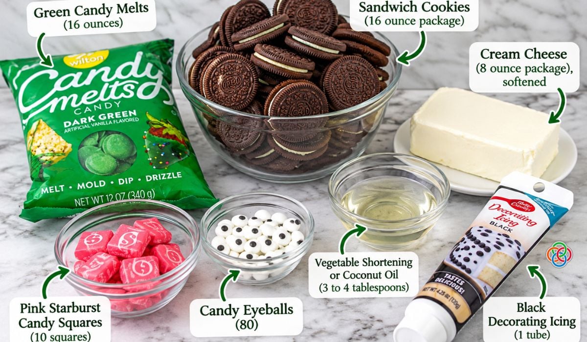 Ingredients for Green Frog Oreo Truffles | Irish American Mom Candy melts, a bowl of cookies and candies for making frog truffles