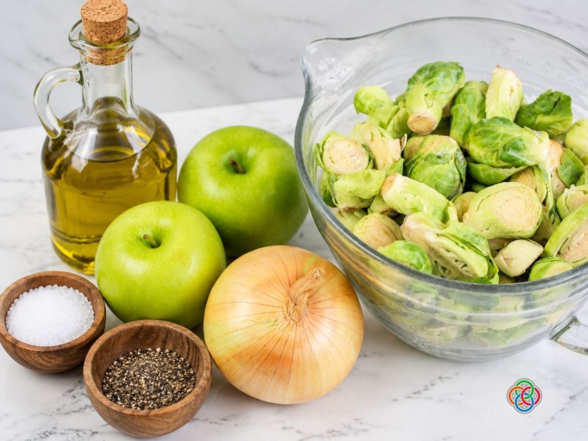 Ingredients for roasted Brussels sprouts and apples arranged on a white marble countertop, including a glass bowl of halved Brussels sprouts, two green Granny Smith apples, a sweet onion, a glass bottle of olive oil, and small wooden bowls of salt and black pepper.