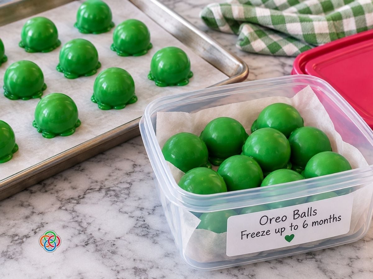 Oreo Balls for Frog Treats in a Freezer Box | Irish American Mom Green cookie balls in a plastic container with additional treats on a baking sheet.
